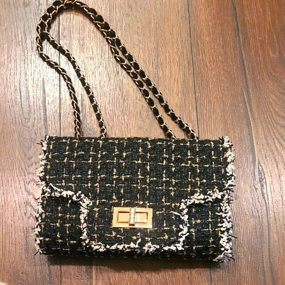 Black and Gold Tweed Shoulder Bag